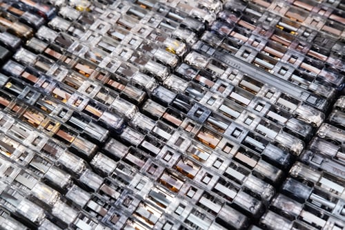 Preview: Huge collection of audio cassettes. Retro musical background