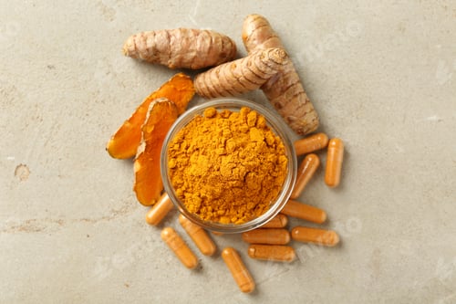Preview: Turmeric capsules, powder and roots on grey table, flat lay