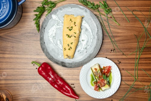 Preview: Gourmet savory omelet served with herb yogurt sauce and microgreens,