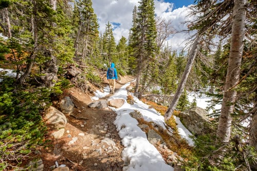 Preview: Tourist With Backpack Hiking On Snowy Trail In Rocky Mountain National Park, Colorado, Usa.