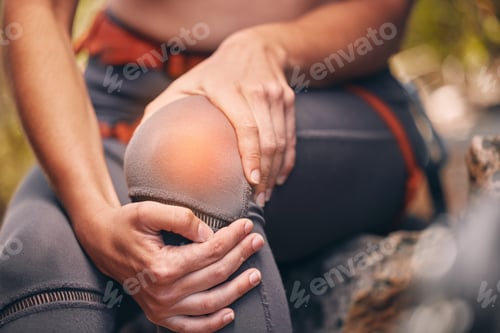 Preview: Knee, pain and injury with a hiker suffering with a painful leg getting hurt while trekking or exer