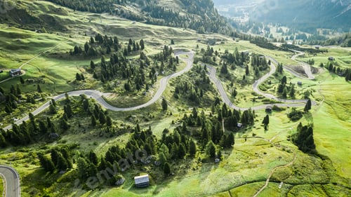 Preview: Aerial view of winding road at Passo Gardena, Dolomites