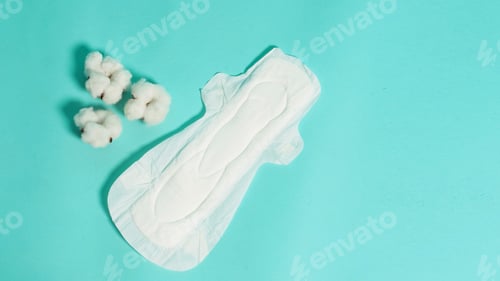 Preview: Sanitary napkin with wings for night usd and cotton flowers on mint or Tiffany Blue background.