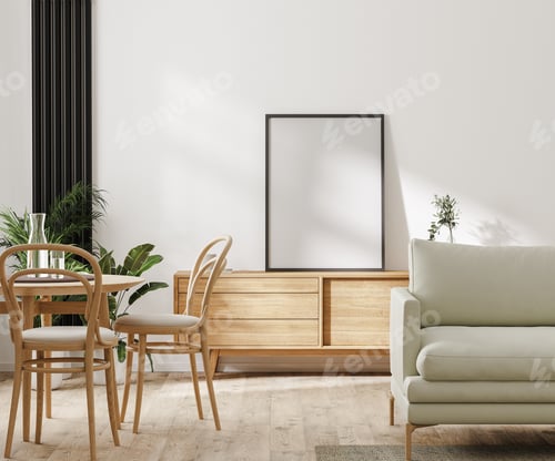 Preview: modern living room with furniture and poster frame mockup, home interior design, 3d rendering