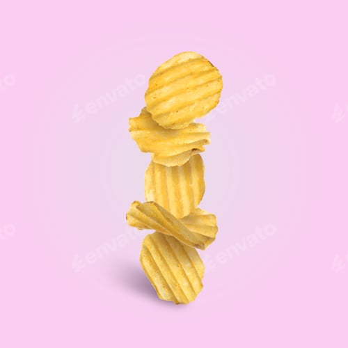 Preview: Tasty ridged potato chips falling on pale light violet background