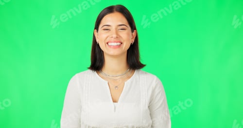 Preview: Smile, woman and face on green screen, studio and color background with confidence, happiness and p