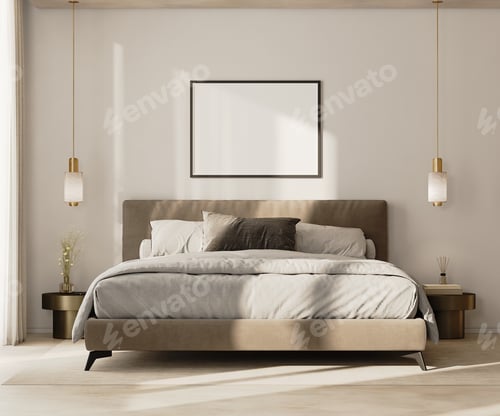 Preview: horizontal picture frame mock up above bed in modern bedroom interior, 3d render