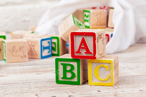Preview: Wooden toy Blocks with the text: abc. Close up
