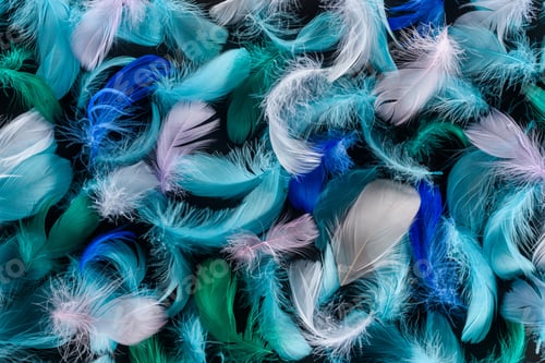 Preview: seamless background with bright blue, green and pink soft feathers isolated on black