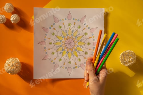 Preview: Female painting mandalas antistress page to combat stress. Relaxing hobby mental wellbeing and art