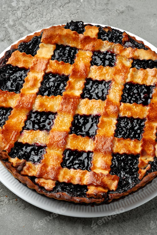Preview: Homemade fruit pie with a lattice crust cooling on a kitchen counter
