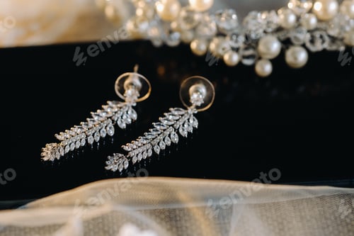 Preview: The wedding day. Wedding earrings on the table. Morning of the bride, jewelry accessories