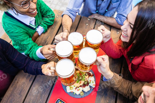 Preview: Happy young friends drinking beer at brewery bar