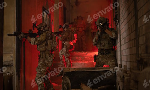 Preview: Soldier in anti-terrorist warfare in a dark building, Anti-terrorist operation training