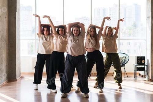 Preview: a female dancers crew doing synchrone moves in the dance studio