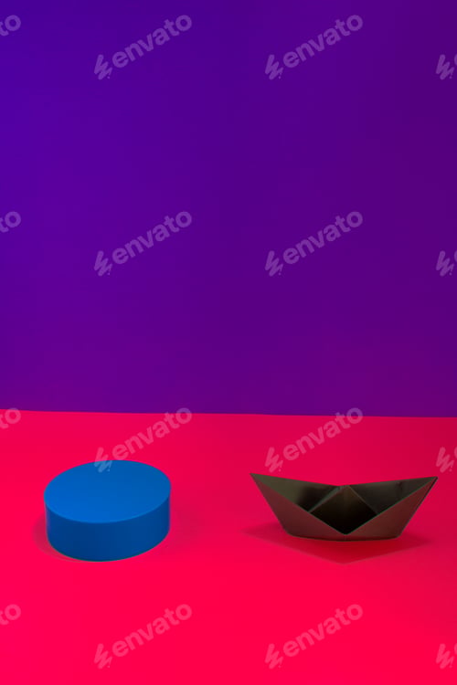 Preview: Business for solution concept. Black paper boat with blue plastic block, copy space