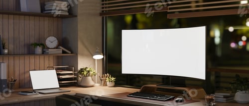 Preview: Blank curved screen computer and laptop under lamp light on wooden table in dim lit room or office.