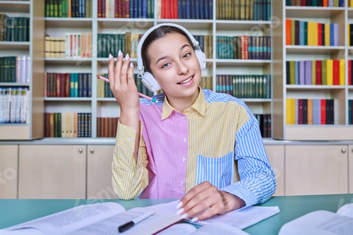 Preview: Teenage girl student in headphones looking at camera, studying in library