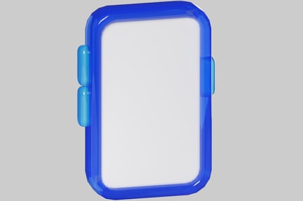 Objeto rectangular con borde azul y dos protuberancias