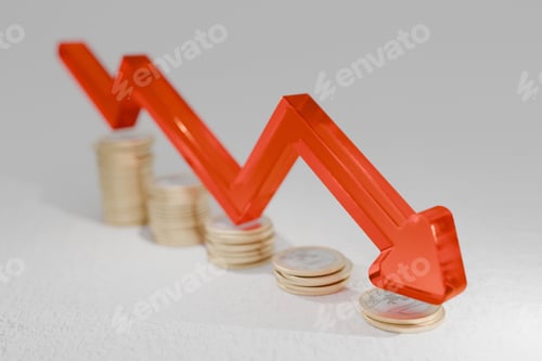 Preview: Decreasing stacks of coins with a red downward arrow illustrate economic decline, inflation