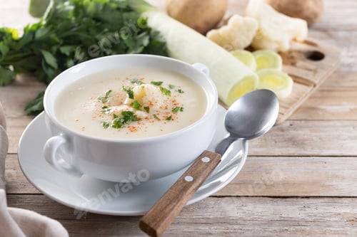 Preview: Cauliflower soup in bowl on wooden table
