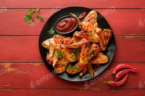 Preview: Chicken wings. Grilled or baked chicken wings with sesame seeds and ketchup or spicy tomato sauce on