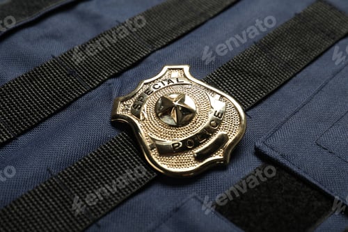 Preview: Police badge on bulletproof vest, above view