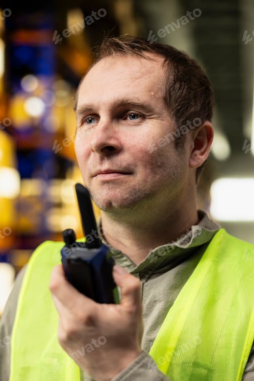 Preview: Warehouse employee managing packages with walkie-talkie wireless signal