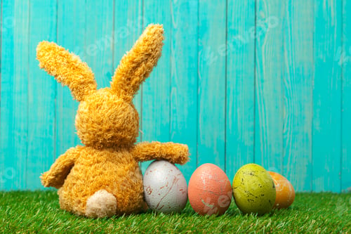 Easter Bunny Toy and Colorful Decorated Eggs