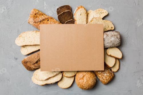 Preview: Minimalist paper blank mockup on background of Types of homemade bread.