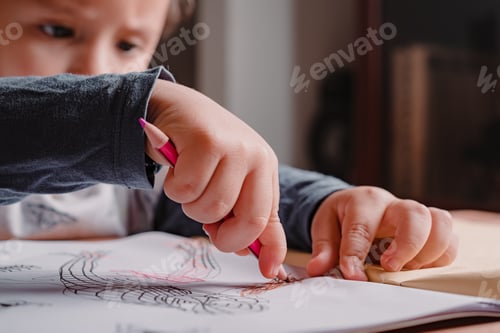 Preview: Little boy concentrated on painting a picture book. Learning at home