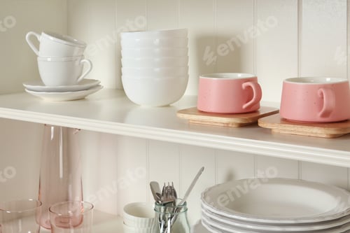 Preview: White shelving unit with set of dishware