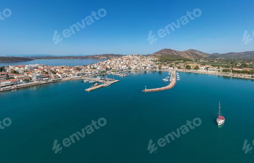 Preview: Greece, Aerial drone view of Ermioni, a small port town in Argolis, Peloponnese,