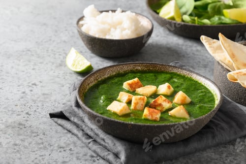Preview: Palak Paneer served with basmati rice on a gray background. Indian vegetarian cuisine of spinach