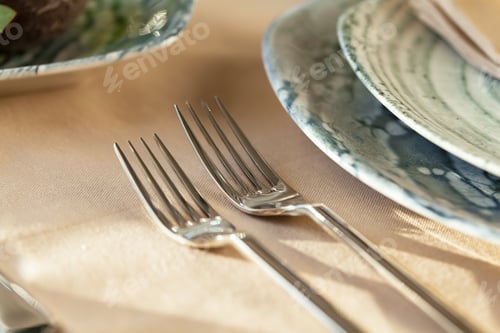 Preview: Silver cutlery on table top with tablecloth