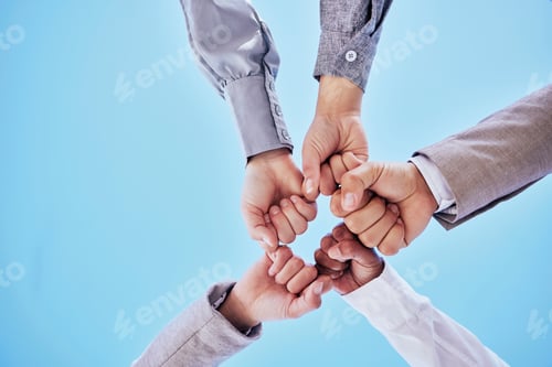 Preview: Fist bump, celebrate and business team hands winning together due to support, unity and teamwork a