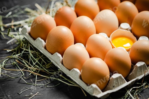 Preview: Fresh chicken eggs on dark background.