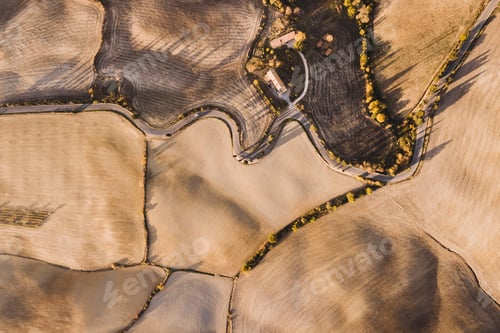 Preview: Aerial drone landscape of famous Tuscany hills, Italy. Abstract view of curved serpentine road