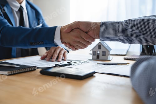 Preview: Young businessman and financial representative shaking hands after a budget deal for business expans