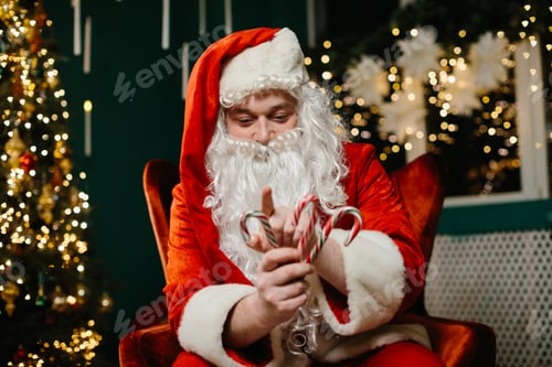 Preview: Santa claus holding candy canes near decorated christmas tree