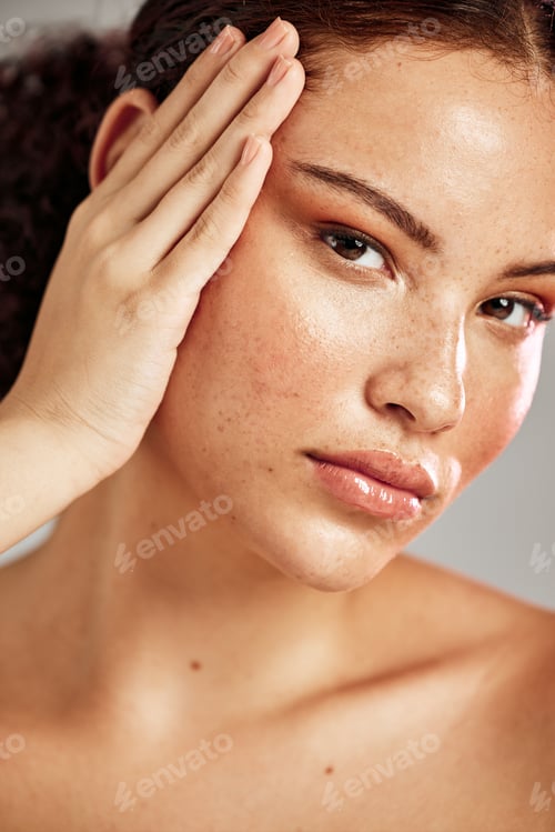 Preview: Skincare, face portrait and beauty glow on skin with freckles for dermatology, makeup and cosmetics