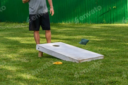 Preview: Man playing cornhole in backyard