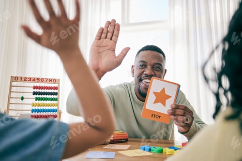 Preview: Learning, high five and father with children for homework, school activity and learning shapes at h