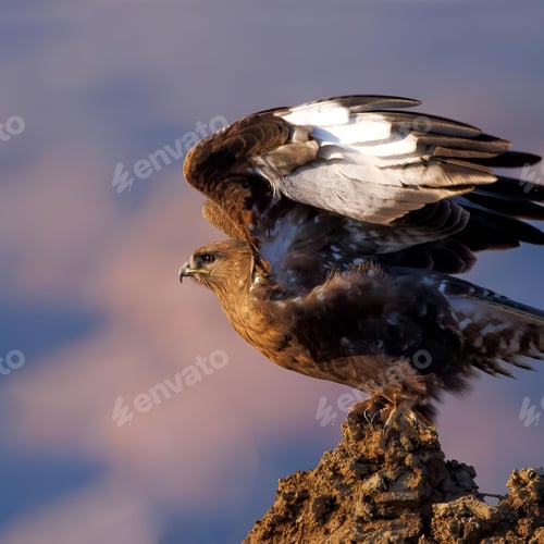Preview: Golden eagle standing on a rock with opened wings, showcasing its majestic attitude against the sky