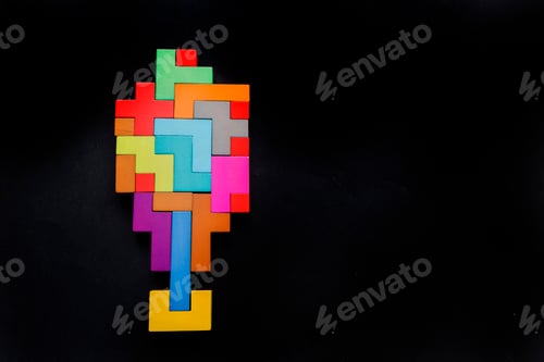 Preview: exclamation mark silhouette wooden blocks on black background.