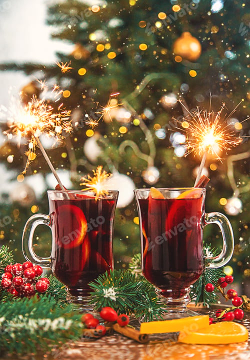 Preview: Mulled wine on Christmas background. Selective focus.