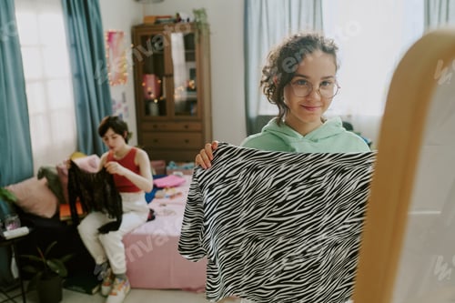 Preview: Smiling Girl Holding Zebra-Print Fabric in Bedroom