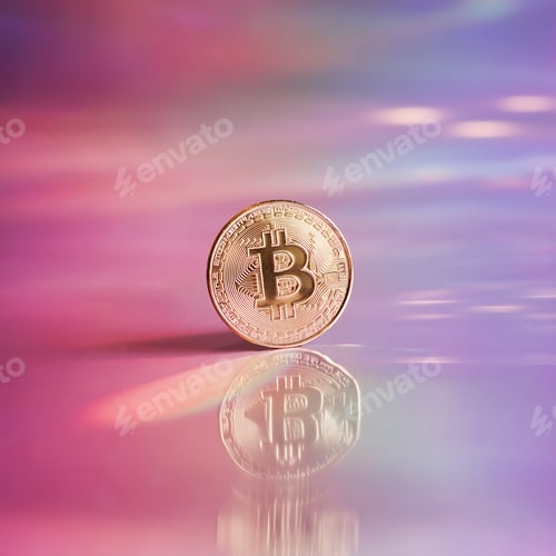 Preview: Golden bitcoin coin on holographic, abstract, neon background. digital currency, business style.