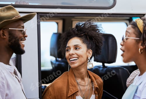 Preview: Travel, friendship and car road trip happy, smile and bonding sun summer holiday vacation or outdoo