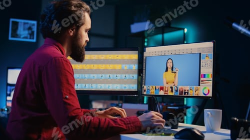 Preview: Freelancer using retouching program on graphic tablet , panning shot